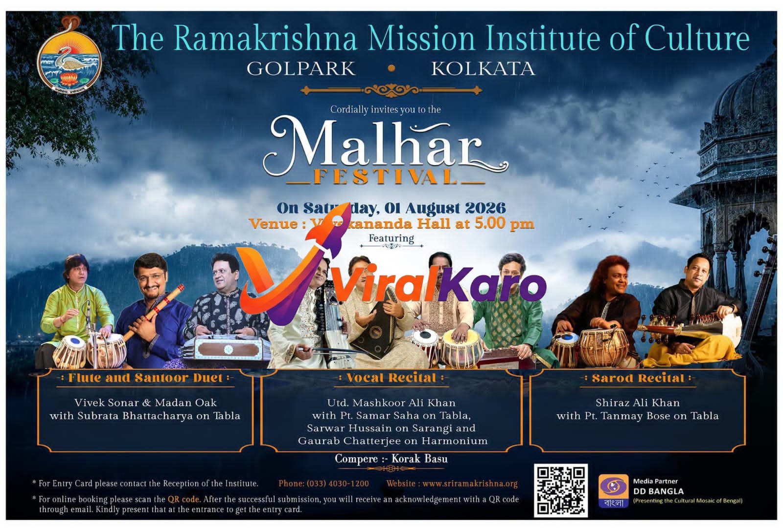 Promotional poster for the Malhar Festival at The Ramakrishna Mission Institute of Culture in Kolkata, featuring portraits of classical Indian musicians and event details.