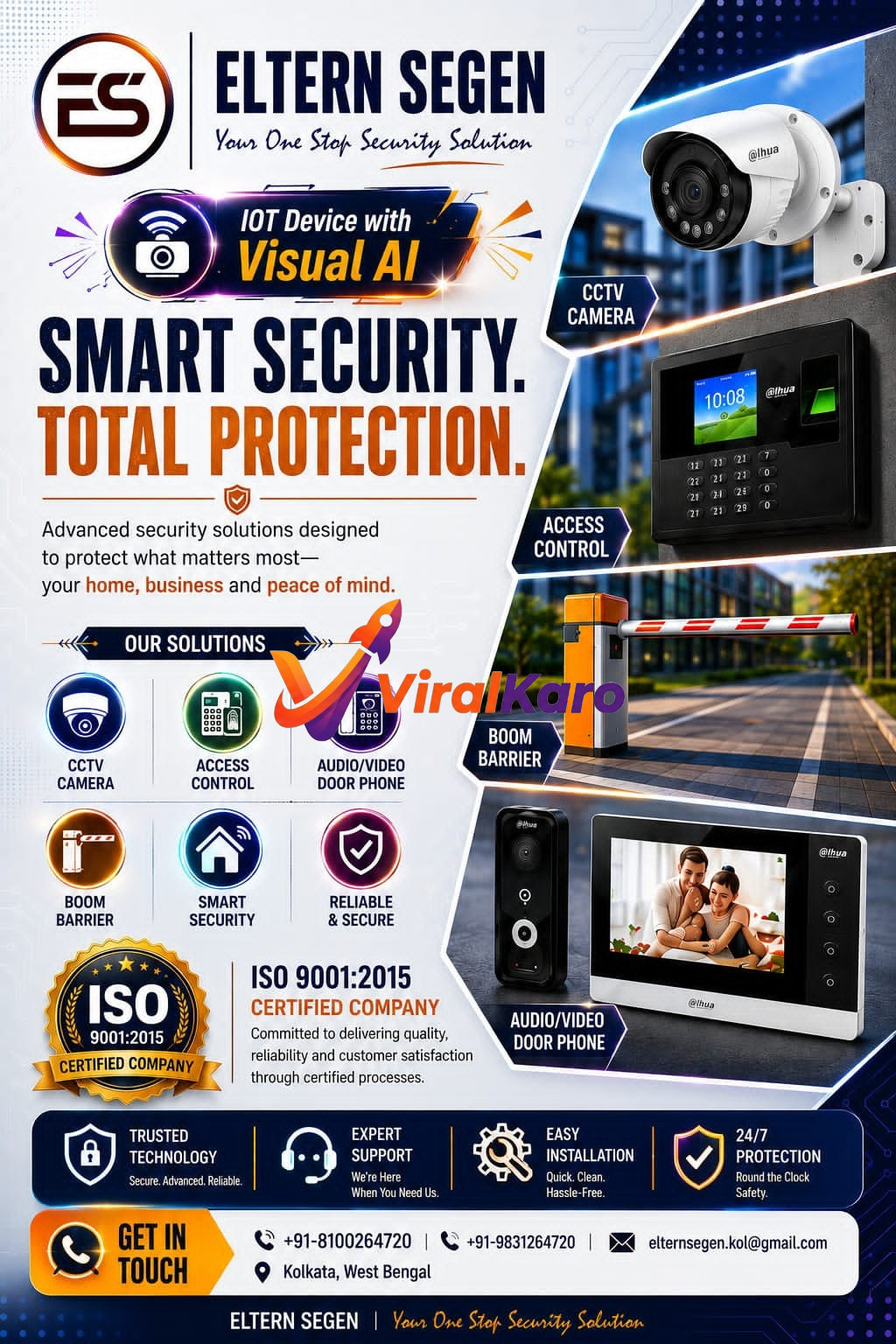 Eltern Segen promotional flyer for smart security solutions featuring CCTV, access control, and audio/video door phone products with contact details.