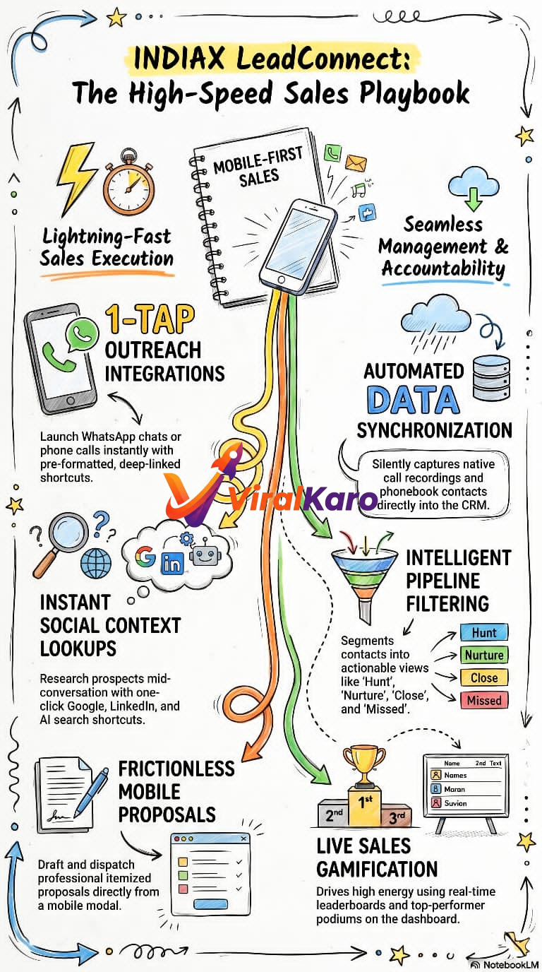 An infographic titled INDIAX LeadConnect showcasing a high-speed mobile sales playbook, featuring icons for WhatsApp, data sync, pipeline filtering, and sales gamification.