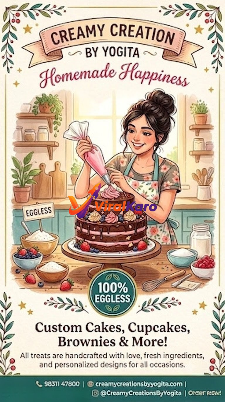 Illustration of a baker named Yogita decorating a three-tier chocolate cake, surrounded by baking ingredients, promoting Creamy Creation by Yogita 100% eggless bakery services.