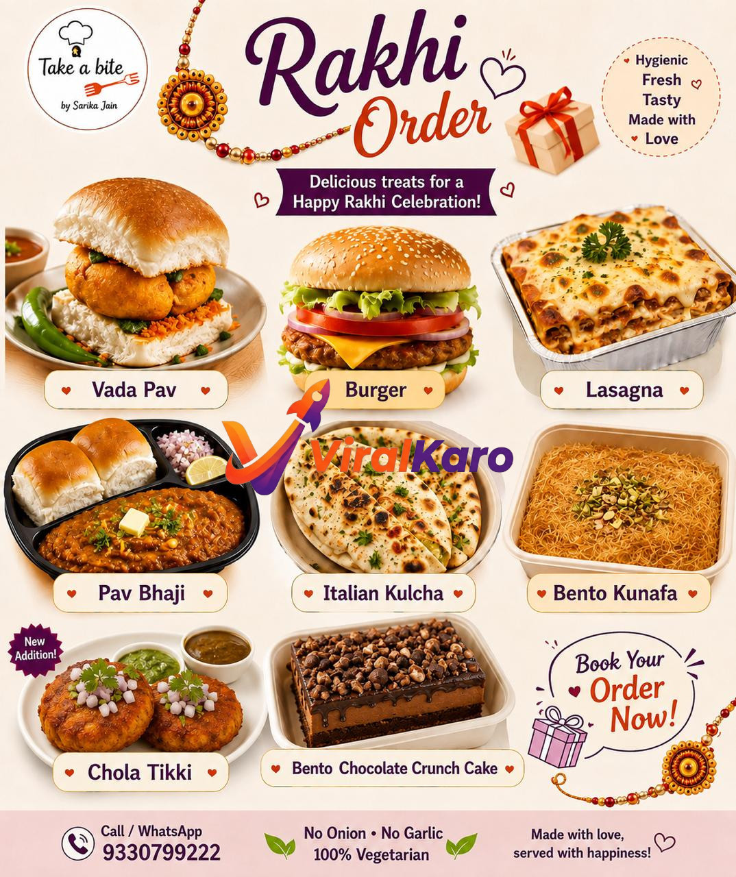 A menu collage featuring vegetarian delicacies like Vada Pav, Burger, Lasagna, Pav Bhaji, Italian Kulcha, Kunafa, and Chocolate cake for Rakhi celebrations by Take a Bite by Sarika Jain.