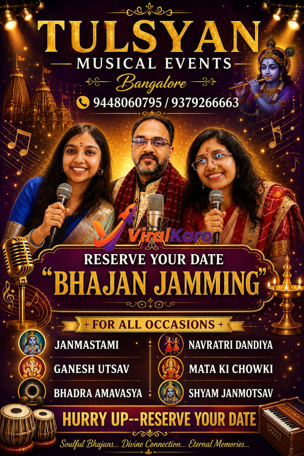 Promotional poster for Tulsyan Musical Events in Bangalore, featuring three singers with microphones and traditional Indian devotional themes.