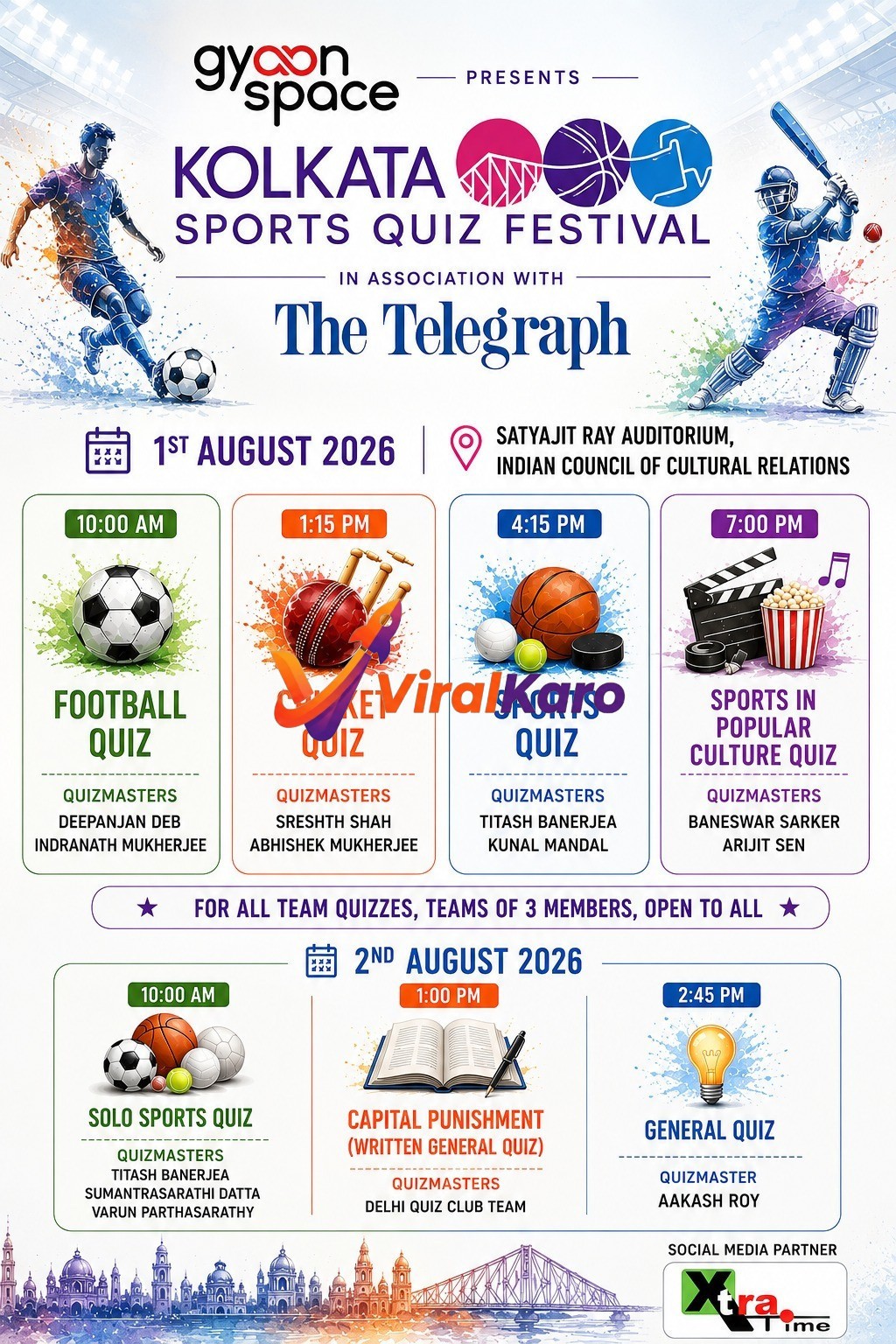 Event poster for the Kolkata Sports Quiz Festival 2026 at Satyajit Ray Auditorium featuring icons for football, cricket, basketball, and general knowledge.