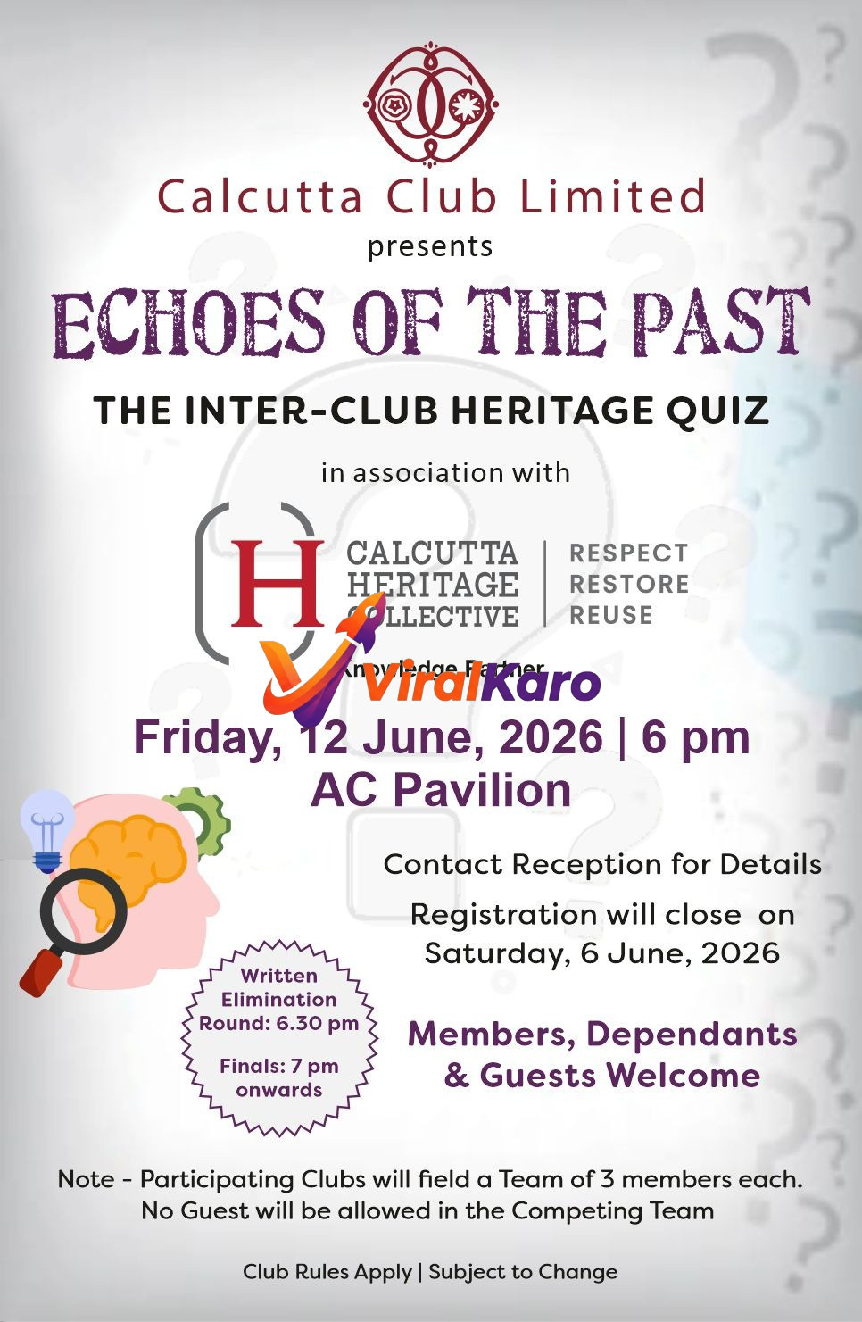Event poster for Echoes of the Past, an inter-club heritage quiz hosted by Calcutta Club Limited on 12 June 2026.