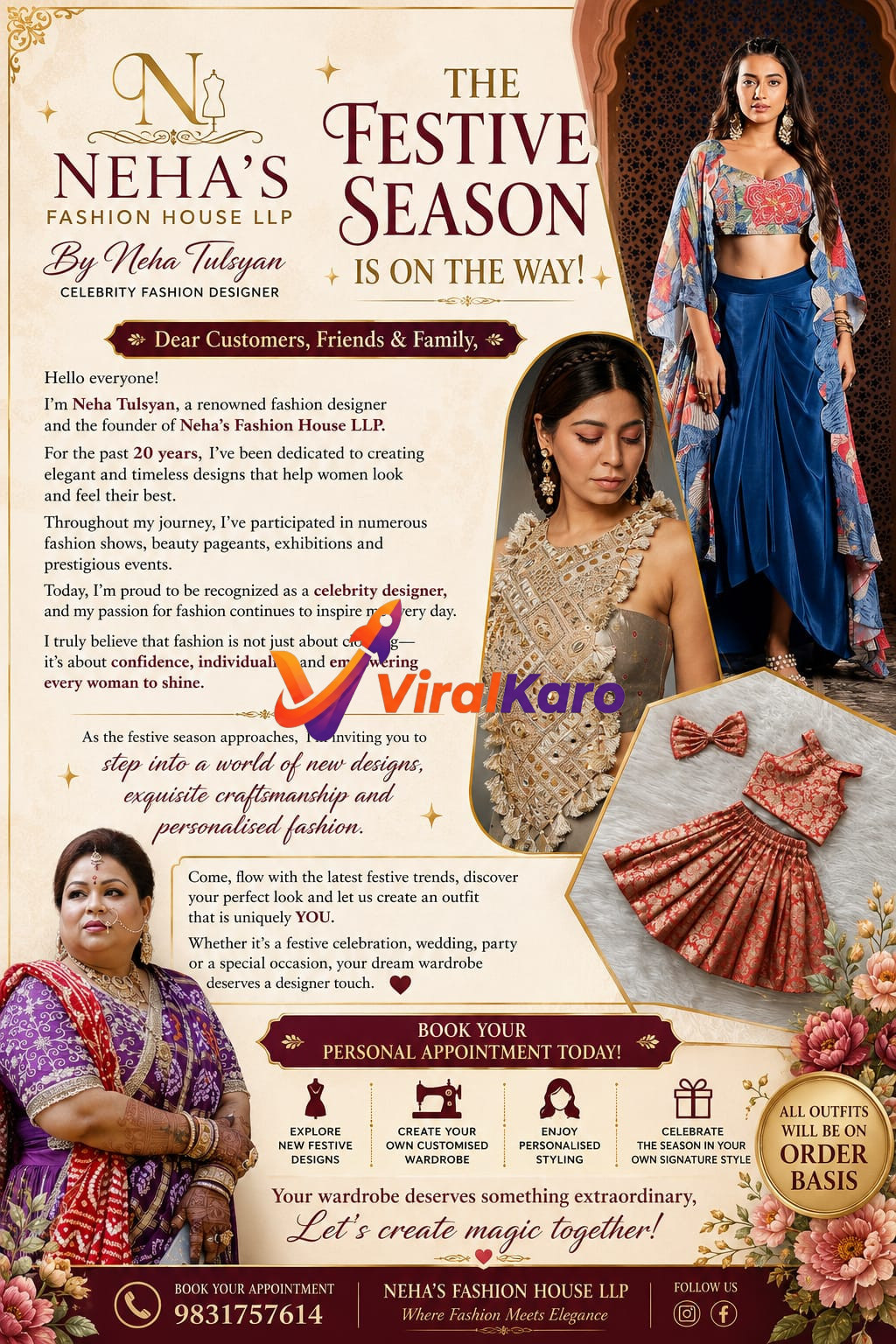 Fashion advertisement for Neha's Fashion House featuring designer Neha Tulsyan, models in ethnic wear, and information about booking personal appointments for custom festive outfits.