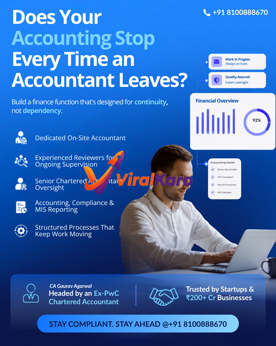 Professional accounting services flyer by CA Gaurav Agarwal highlighting benefits of dedicated accountants and financial oversight for businesses.