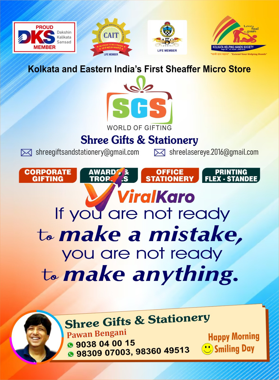 Promotional flyer for Shree Gifts and Stationery in Kolkata featuring Sheaffer Micro Store branding, corporate gifting services, and contact details for Pawan Bengani.