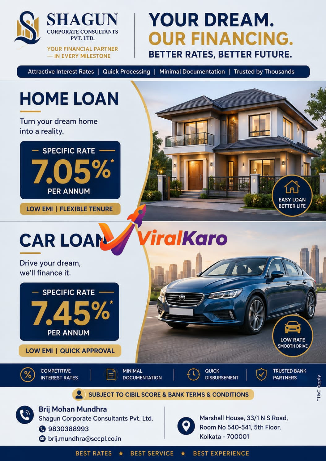 Financial advertisement by Shagun Corporate Consultants showcasing home and car loan interest rates with contact information for their Kolkata office.