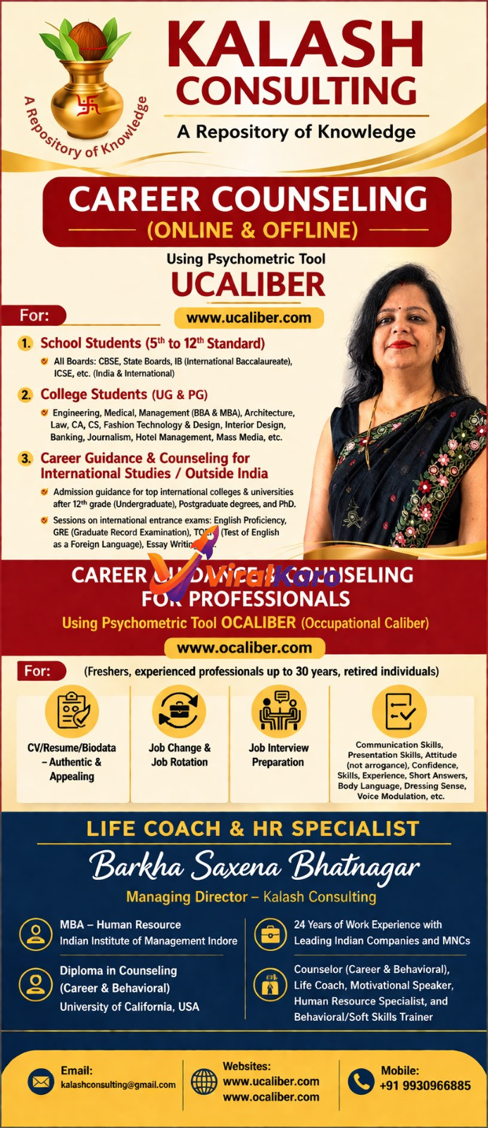 Barkha Saxena Bhatnagar, Managing Director of Kalash Consulting, offering career counseling and psychometric testing services.