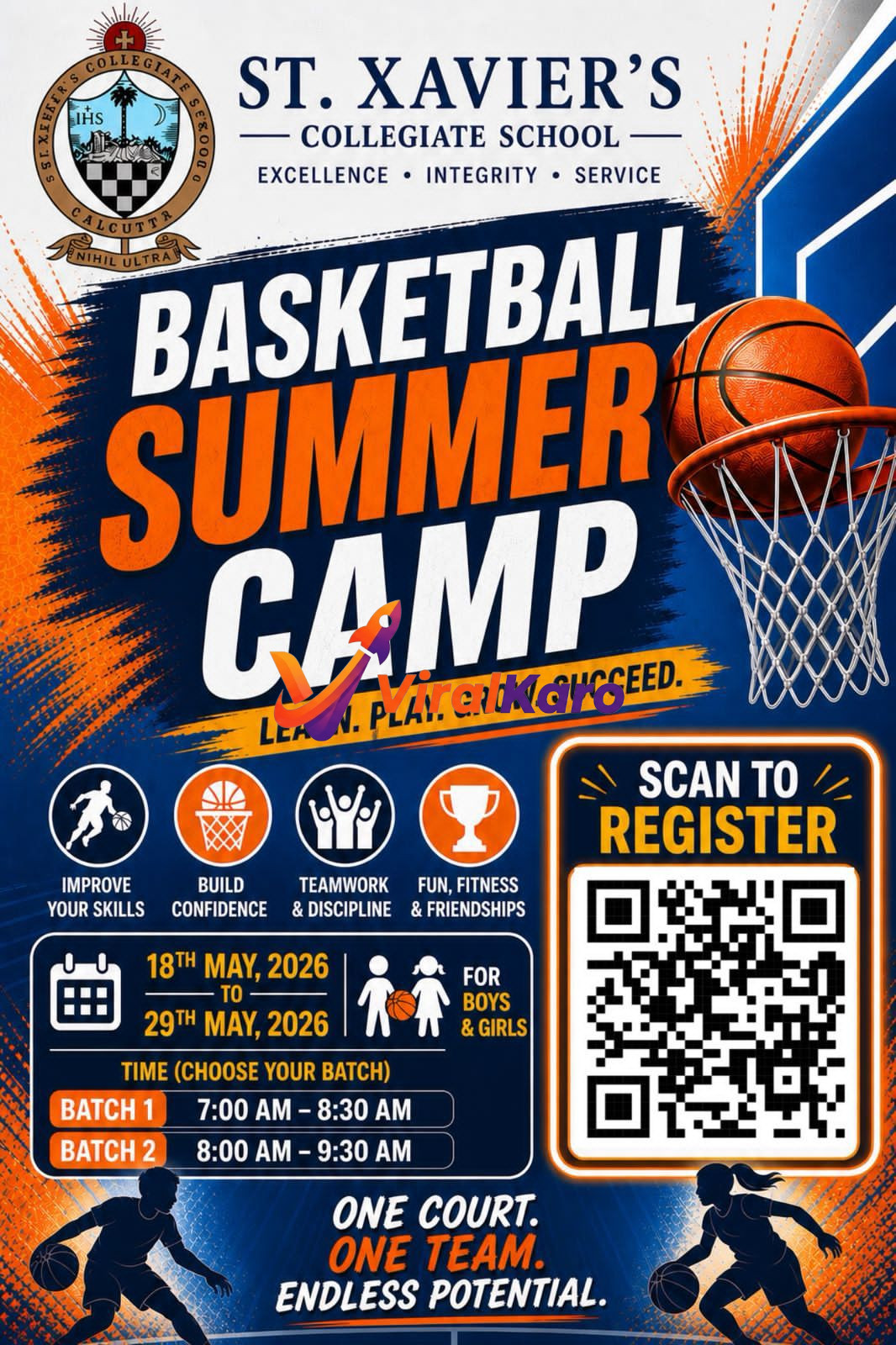 Flyer for St. Xavier's Collegiate School Basketball Summer Camp in Calcutta, May 18-29, 2026. Features a basketball hoop, players, and details for boys and girls to register via QR code.
