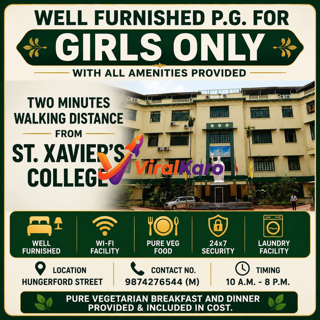 A promotional flyer for a girls-only PG accommodation located near St. Xavier's College, Kolkata, listing amenities like Wi-Fi, security, laundry, and veg meals.