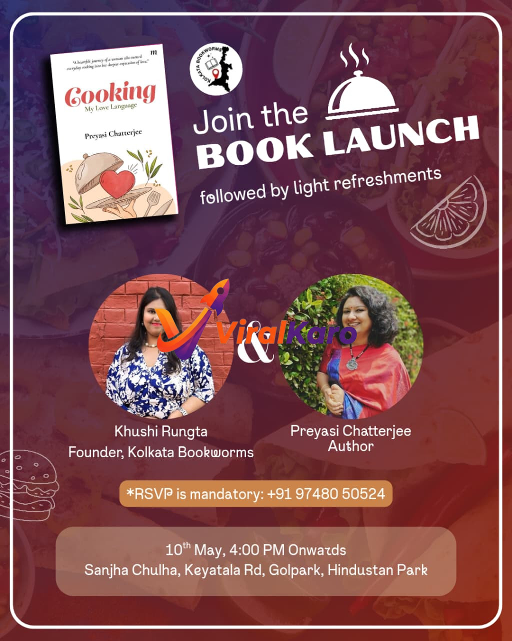 Promotional poster for the book launch of 'Cooking My Love Language' by Preyasi Chatterjee, featuring the book cover, author Preyasi Chatterjee, and Khushi Rungta of Kolkata Bookworms. The poster is purple and red, detailing the event on May 10th, 4:00 PM onwards at Sanjha Chulha, Keyatala Rd, Golpark, Hindustan Park, Kolkata, with RSVP details and mention of light refreshments.