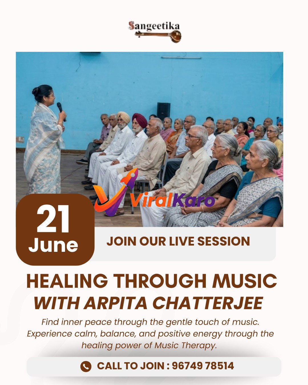 A woman speaking to an audience of senior citizens at a music therapy event organized by Sangeetika.