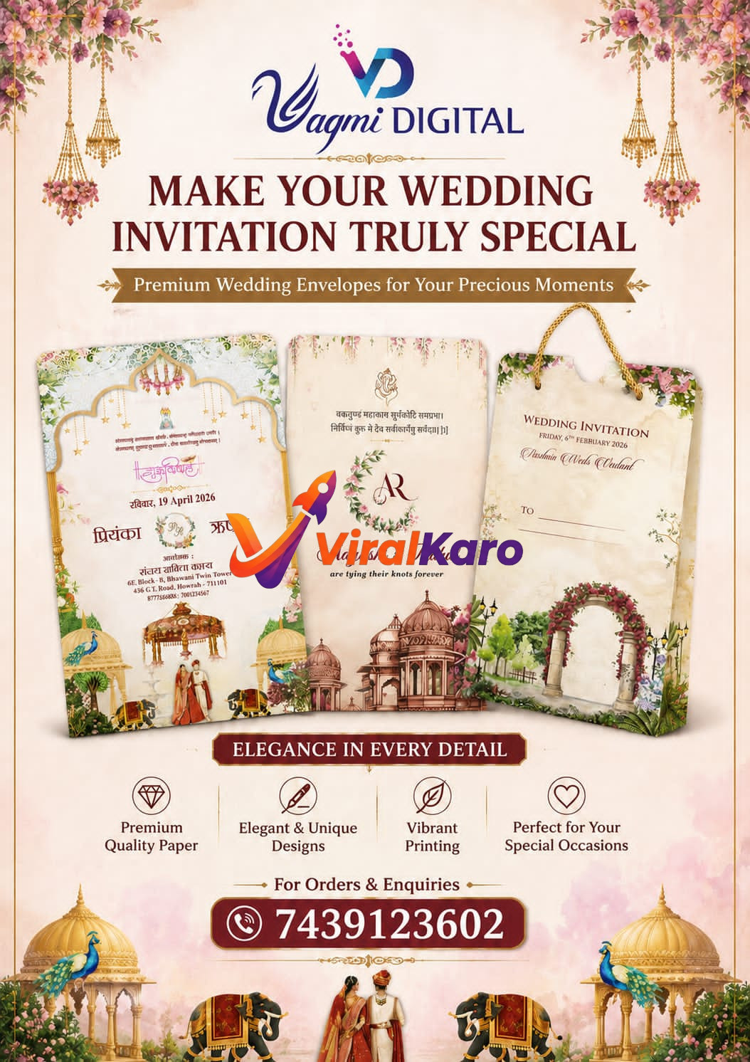 Three elegant wedding invitation cards with floral designs, peacock motifs, and traditional Indian wedding illustrations displayed by Vagmi Digital.