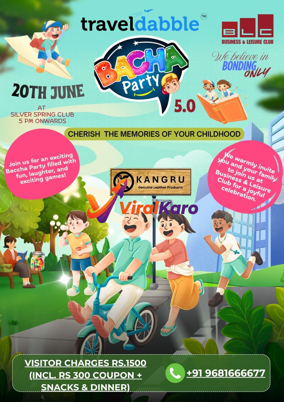 Colorful promotional poster for Bacha Party 5.0 event at Silver Spring Club featuring cartoon children playing and event details.