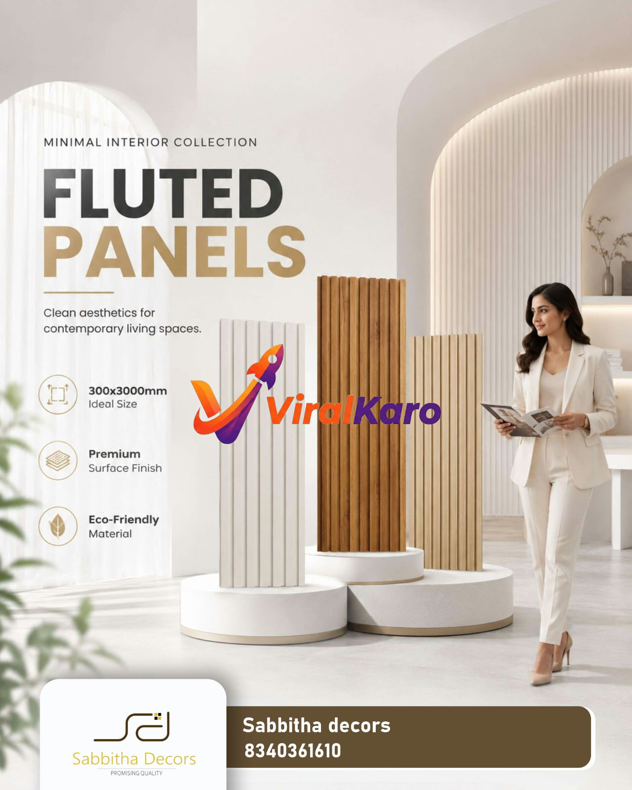 Sabbitha Decors Fluted Panels advertisement showing minimalist interior wall panels in white, wood, and beige, with a professional woman holding a design brochure.