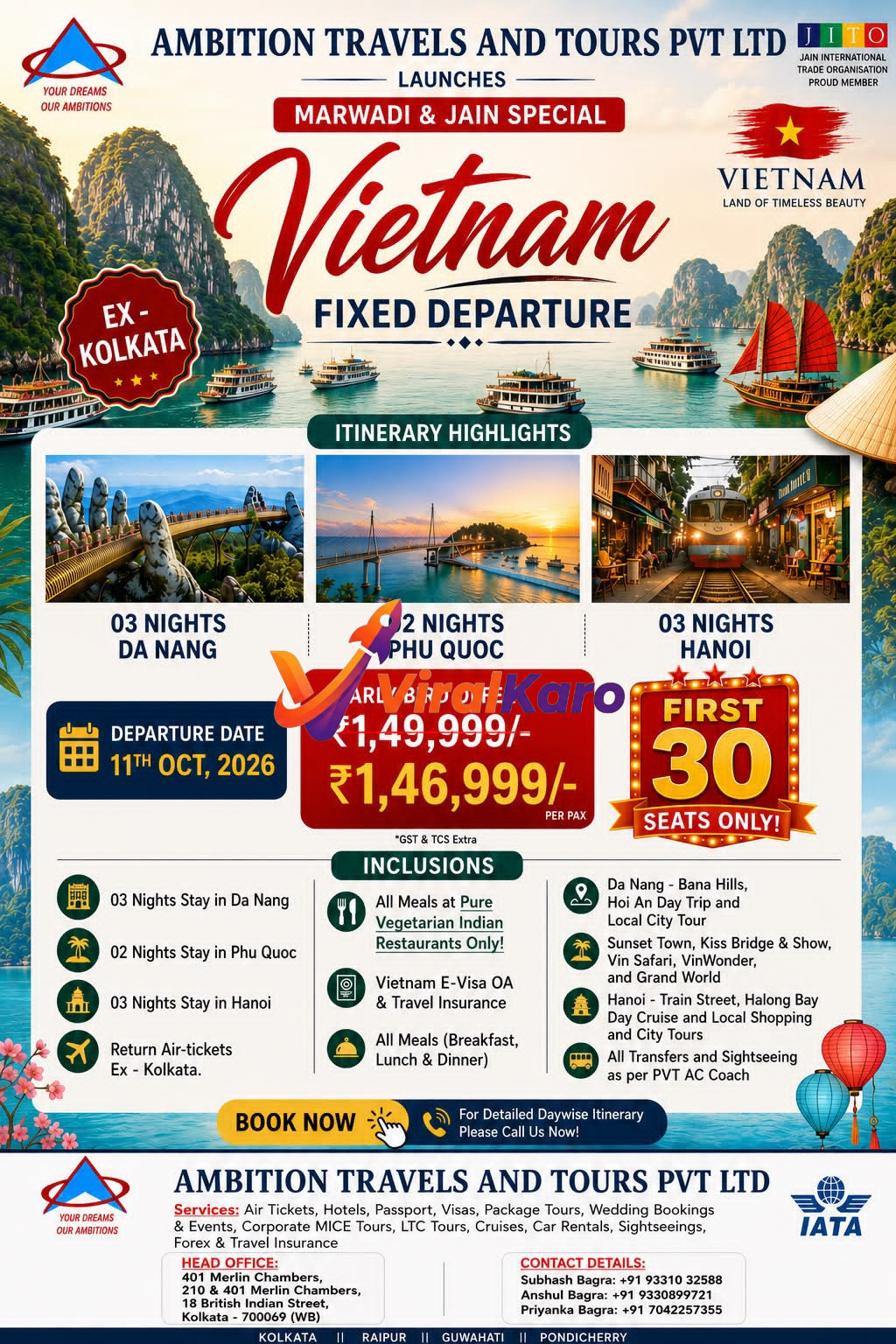 Travel advertisement for a Vietnam tour package from Kolkata by Ambition Travels featuring highlights of Da Nang, Phu Quoc, and Hanoi with vegetarian meal options.