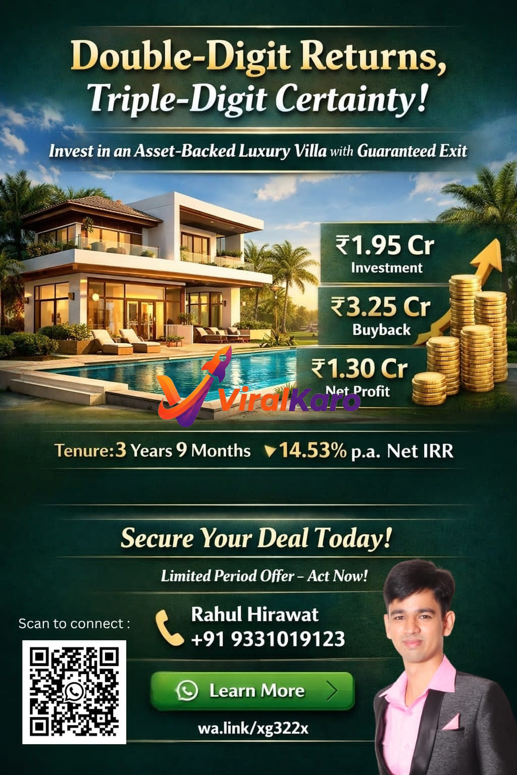 An advertisement for a luxury villa real estate investment featuring a modern house with a pool, financial breakdown of returns, and contact details for Rahul Hirawat.