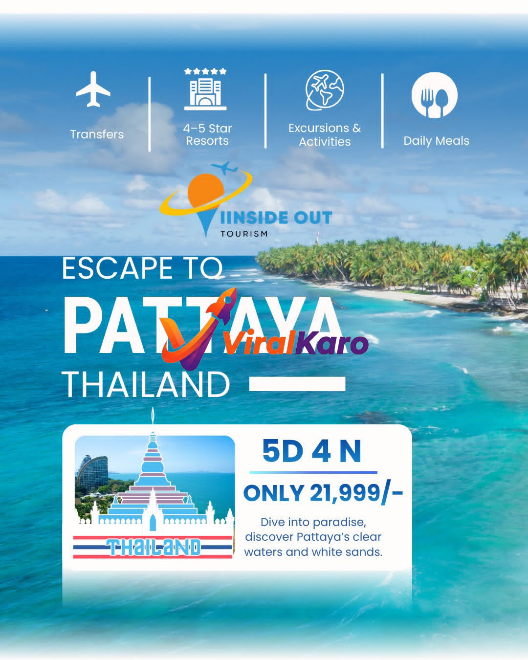Promotional travel poster for a 5-day 4-night Pattaya Thailand tour package by Iinside Out Tourism featuring beach imagery and inclusions like transfers, luxury resorts, and meals.